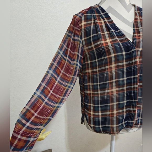 Maeve Sheer Plaid Long Sleeve Button Up Blouse Blue Orange Cream Red Size XS - Picture 4 of 12